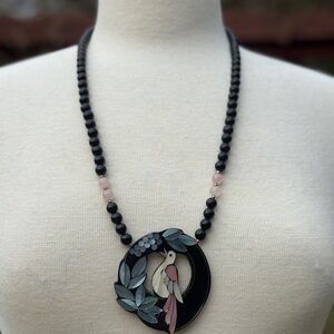 Vintage Black and Pink Bird Pendant Necklace